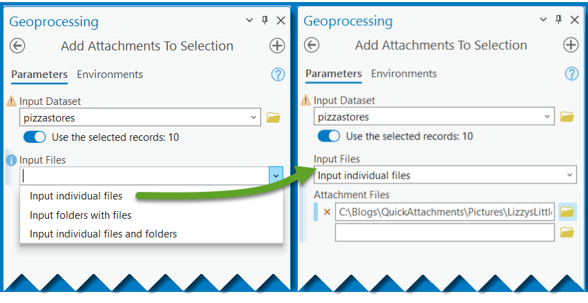 Add Attachments To Selection tool showing Input File choices of individual files, folders with files, or a combination of both.