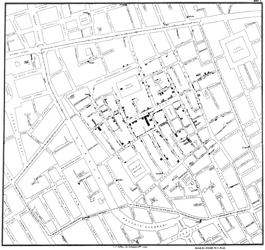 John Snow's map of the 1854 London cholera outbreak. Drawn by Charles Cheffins.