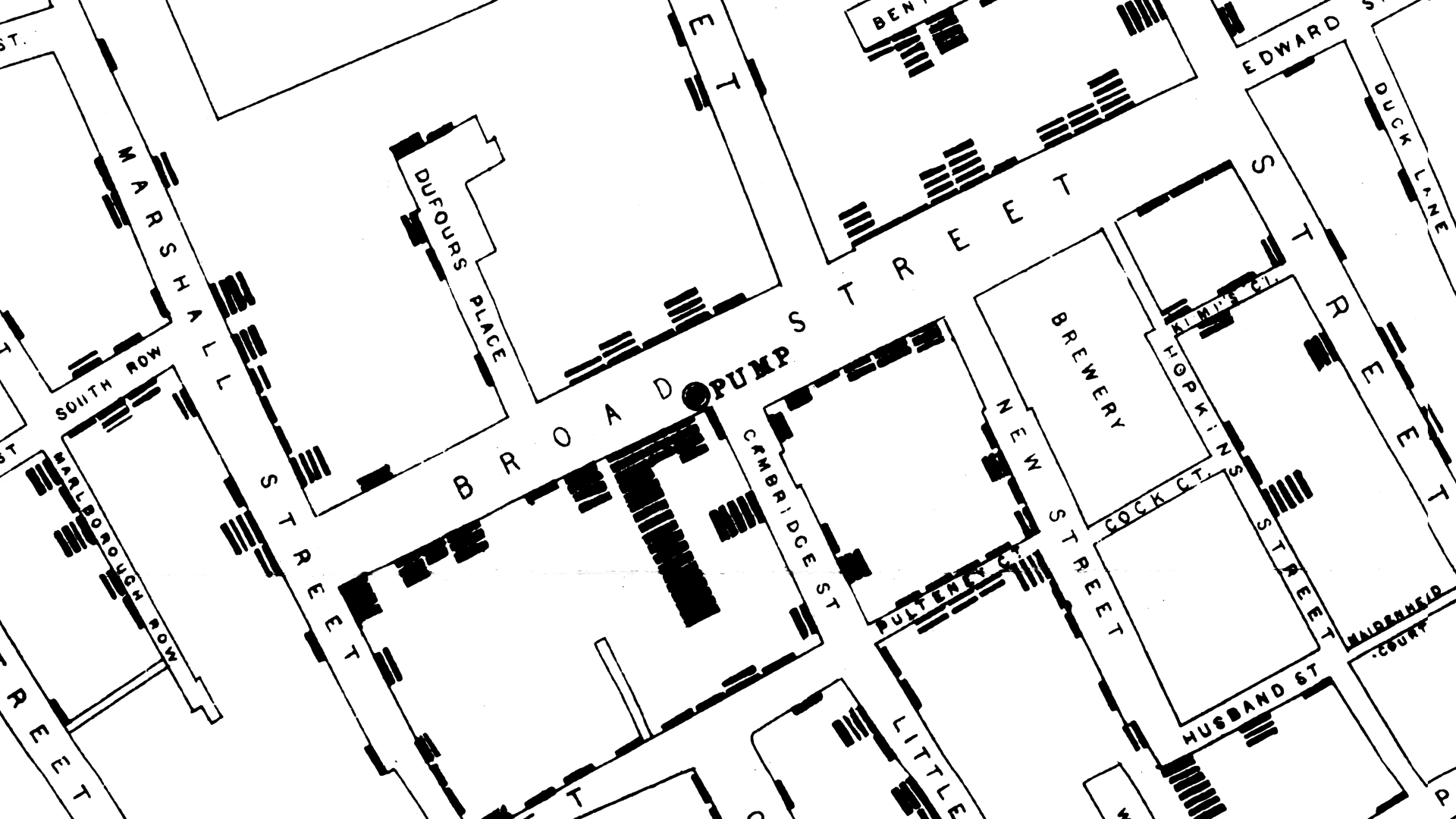 Detail of John Snow's map of the 1854 London cholera outbreak. Drawn by Charles Cheffins.