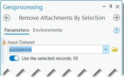 Remove Attachments By Selection tool shown with an Input Dataset and the number of selected records.
