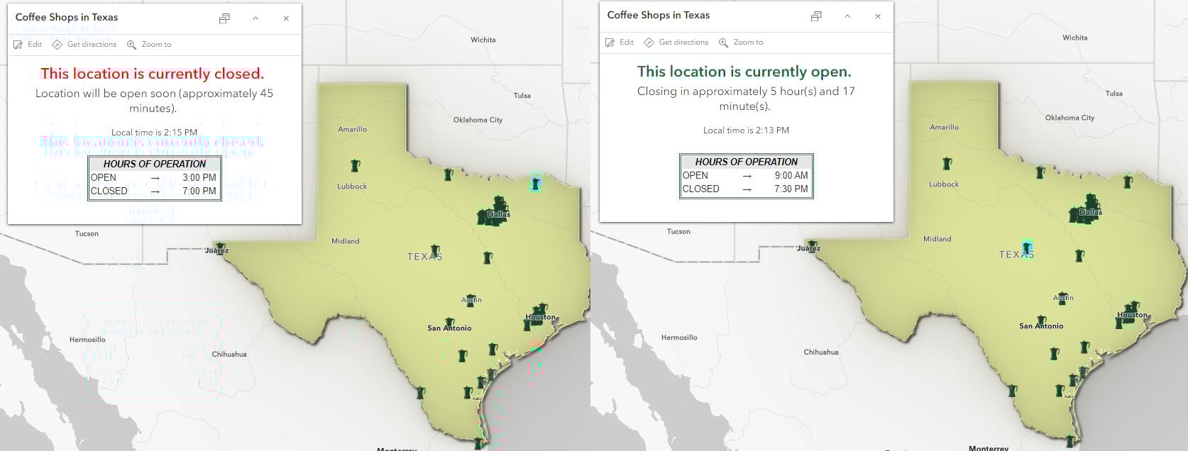 Pop-ups for coffee shops in Texas display the amount of time until a store opens or closes based on the local time in Texas. Pop-ups for coffee shops in Texas display the amount of time until a store opens or closes based on the local time in Texas.