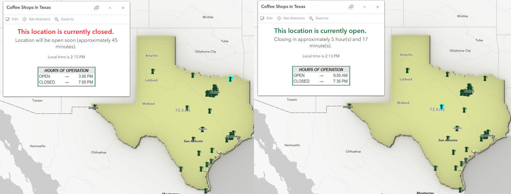 Pop-ups for coffee shops in Texas display the amount of time until a store opens or closes based on the local time in Texas.