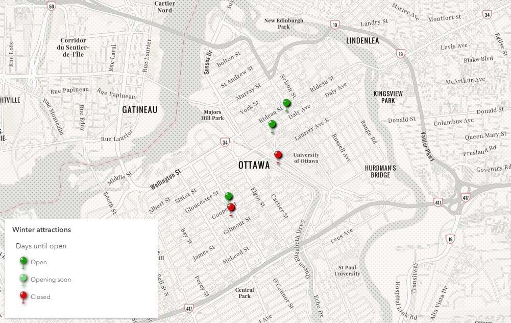 Point locations of winter attractions colored as green (open), light green (opening soon), and red (closed). Point locations of winter attractions colored as green (open), light green (opening soon), and red (closed).