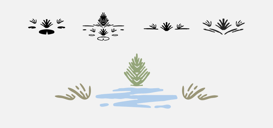 A story separator with trees, grasses, and water