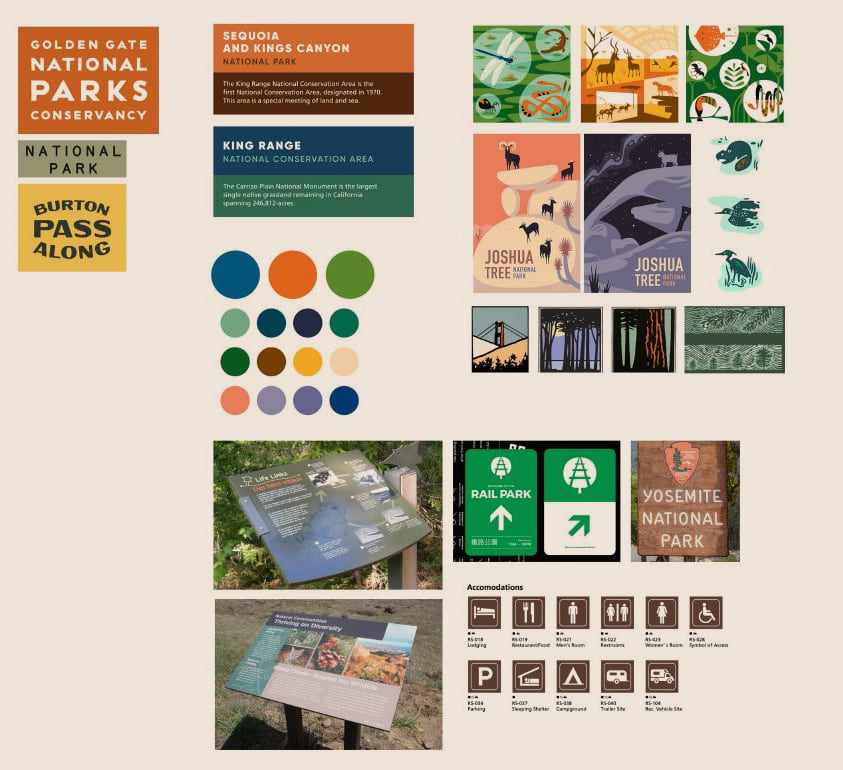 Design mood board with illustrations, posters, colors, and fonts for the Esri Base Camp project