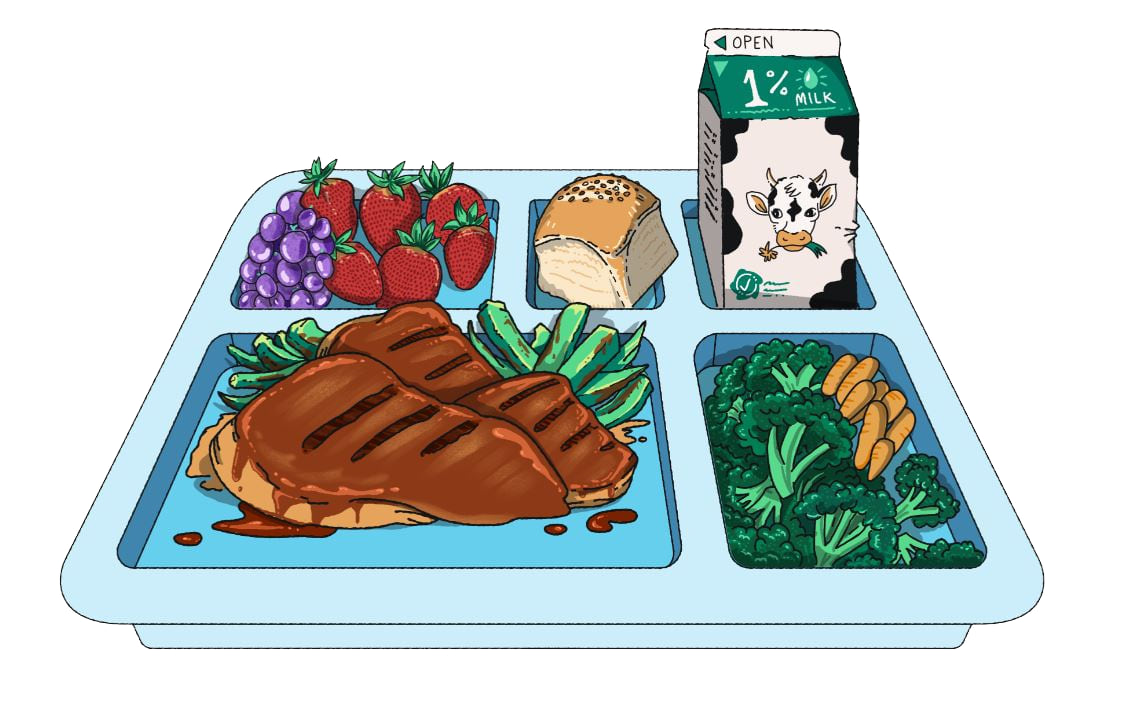 An illustration of a blue school lunch tray filled with meat, vegetables, bread, and a small carton of milk