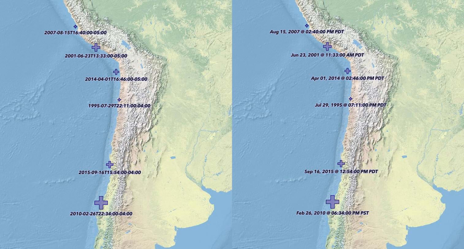Earthquake point features are labelled according to the time the even was recorded. Earthquake point features are labelled according to the time the even was recorded.