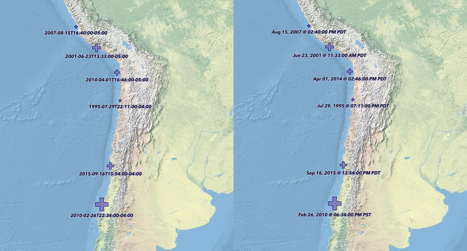 Earthquake point features are labelled according to the time the even was recorded.