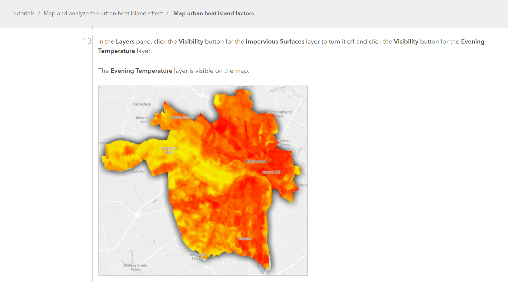 A map layer shows the evening air temperature across the city of Richmond denoted by shades of yellow, orange, and red