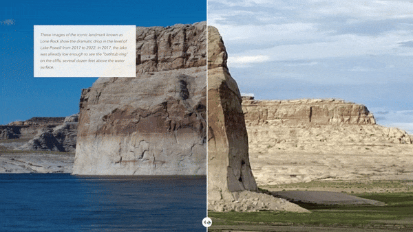 An animated slider of two photos of Lone Rock at Lake Powell showing the decrease in water levels over time