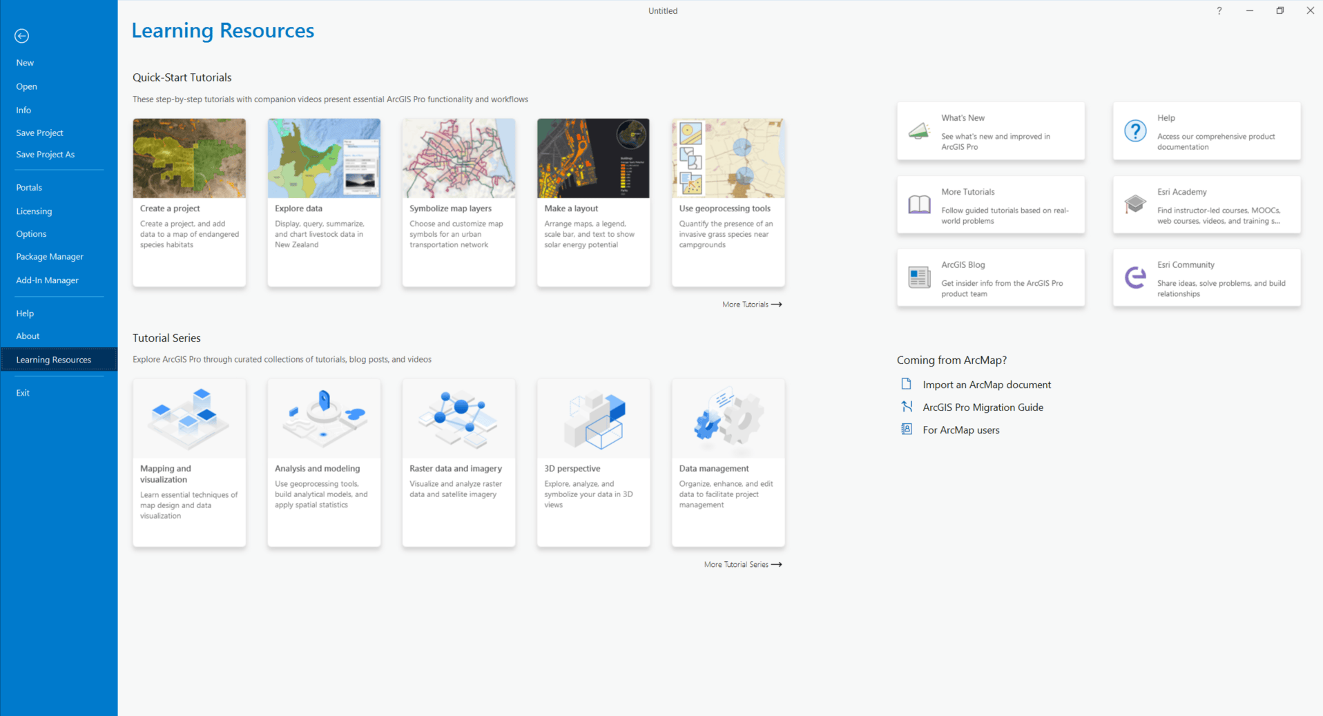 Learning Resources page in ArcGIS Pro includes a Coming from ArcMap? Section plus so much more for continued learning.