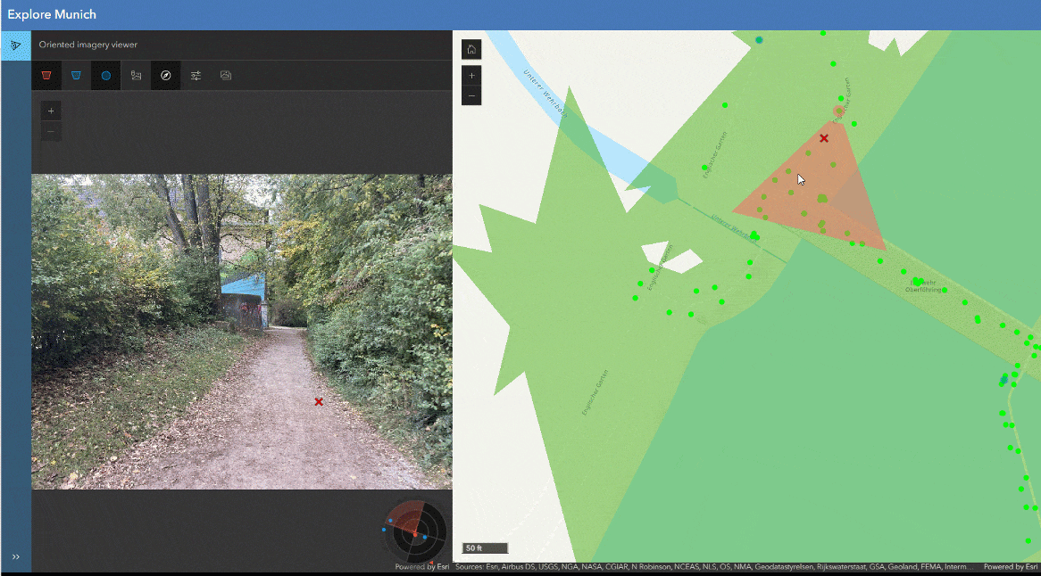 GIF of an Instant App with the Oriented Imagery Viewer widget enabled, showing cell phone images taken along a river trail in Munich, Germany with the coverage of the image shown in red on the map