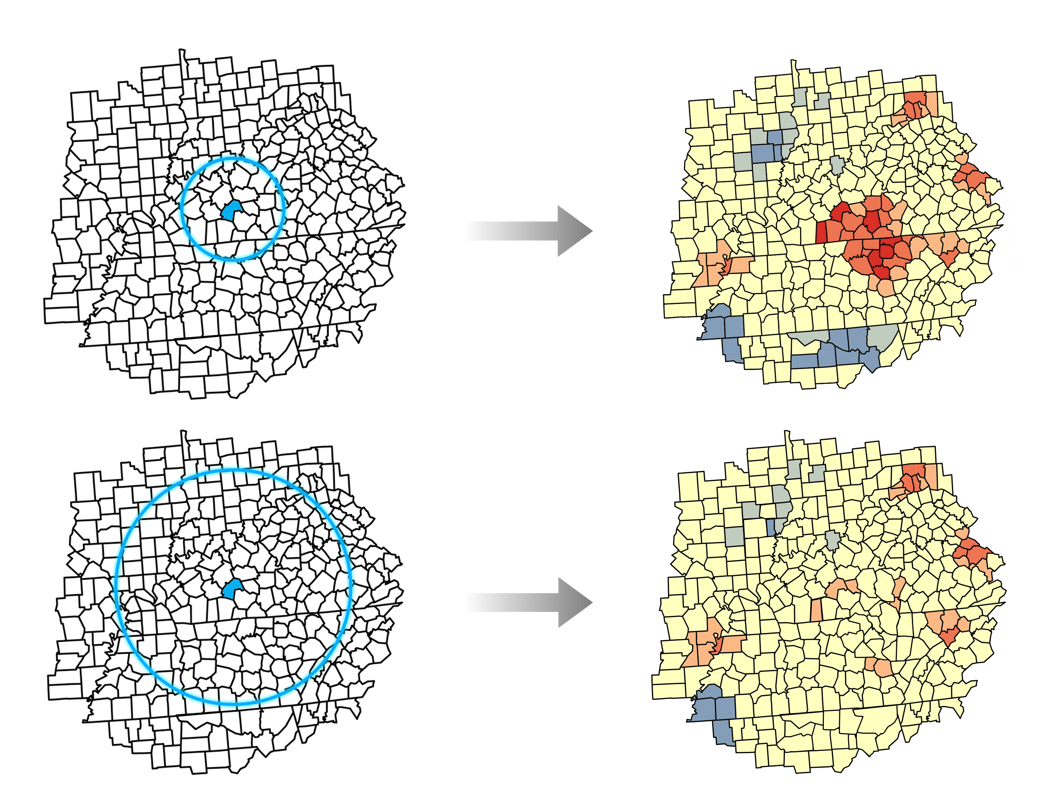 Different neighborhood sizes lead to different analysis results. Different neighborhood sizes lead to different analysis results.