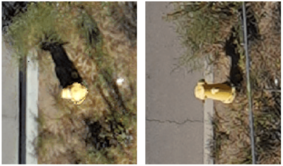 Ortho images (left) limit object details, like poles and hydrants appearing as dots or circle, while oblique images (right) offer more details