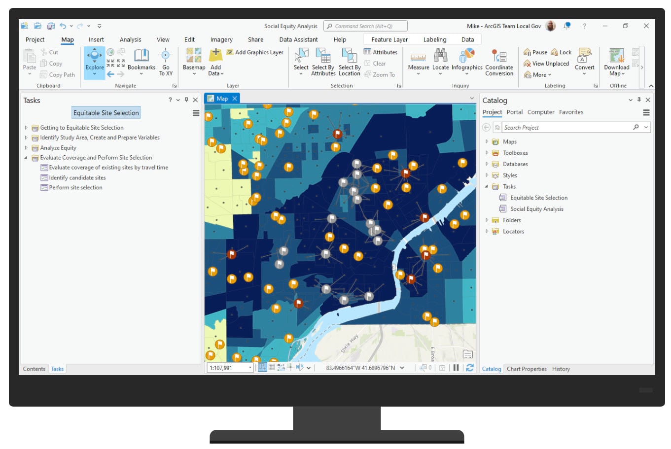 An image of the Social Equity Analysis ArcGIS Pro project with the Equitable Site Selection tasks open