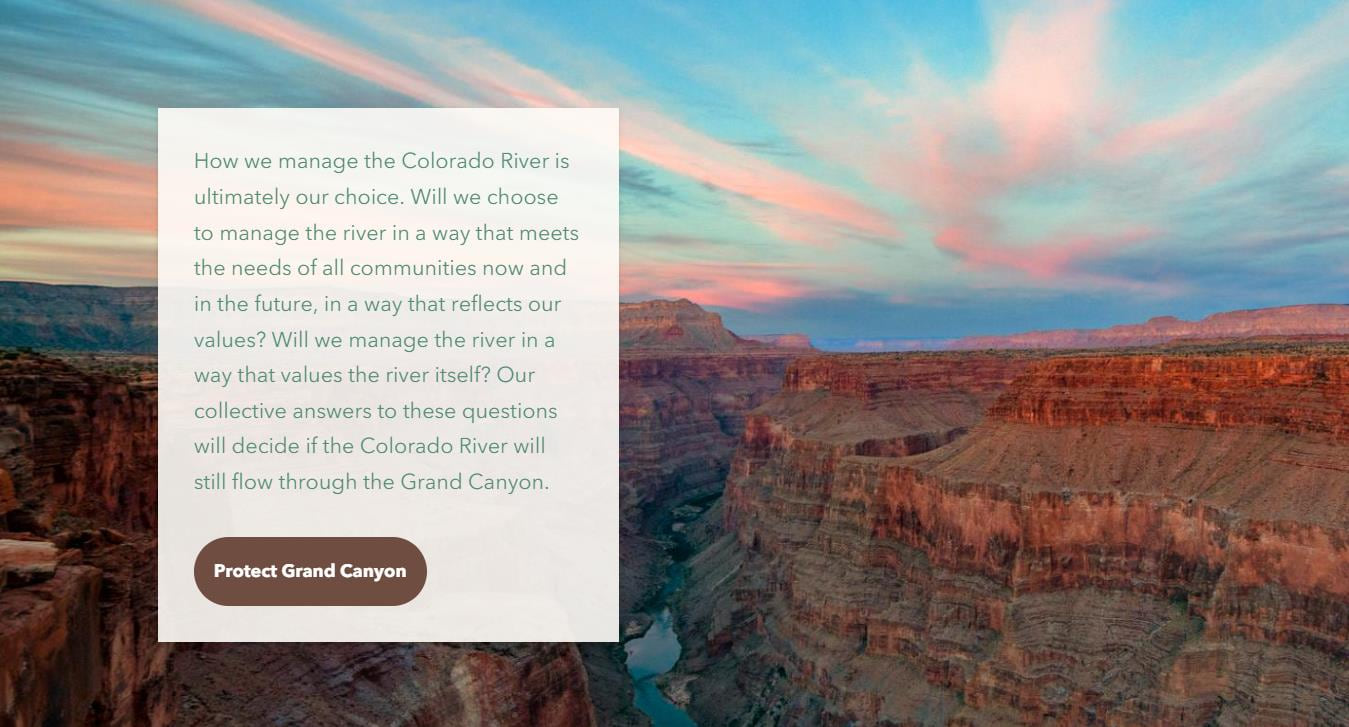 A landscape of the Grand Canyon with a brown call to action button