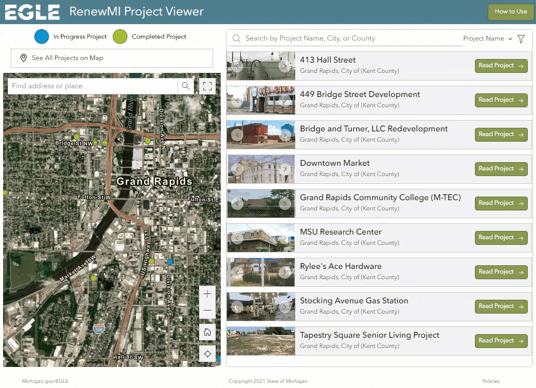 The List widget shows the projects within the current map extent