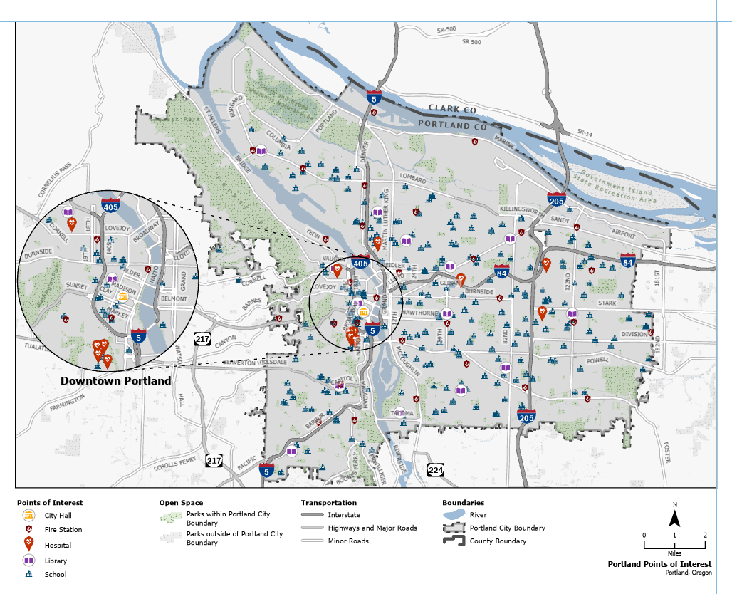 A map of the city of Portland, Oregon.