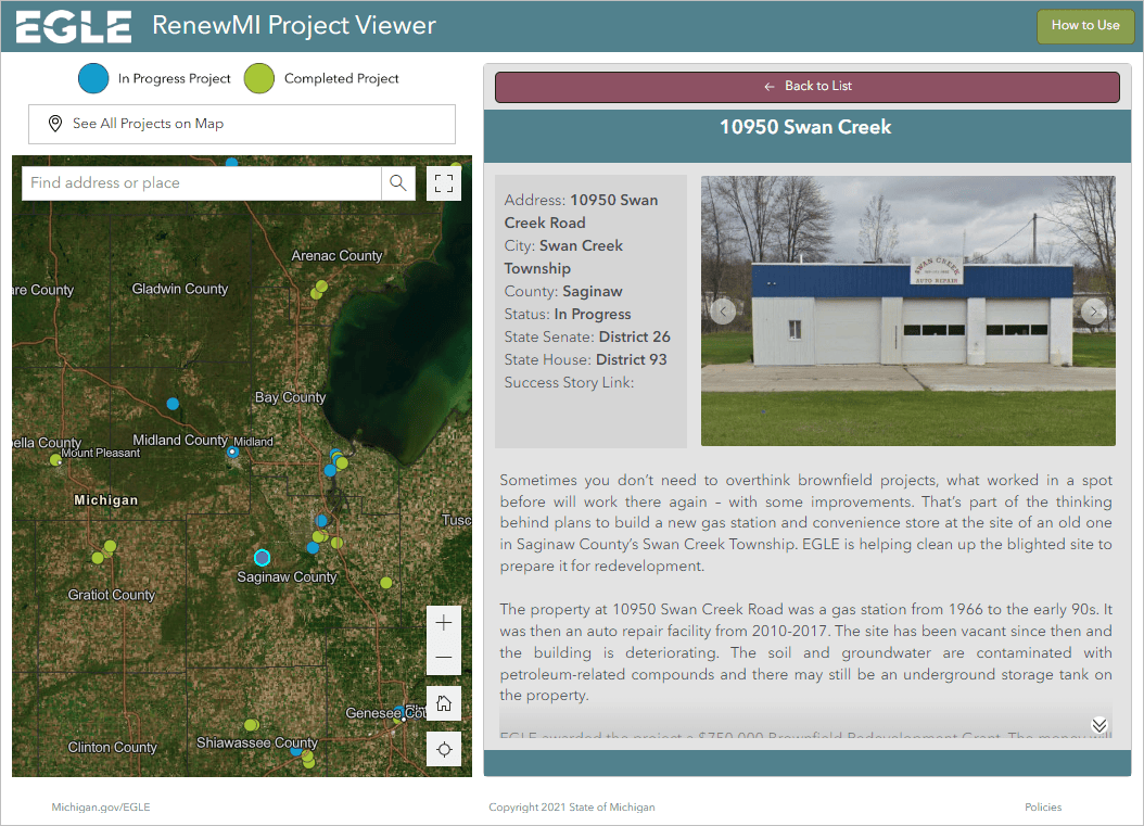 Screenshot of the 10950 Swan Creek site's project details