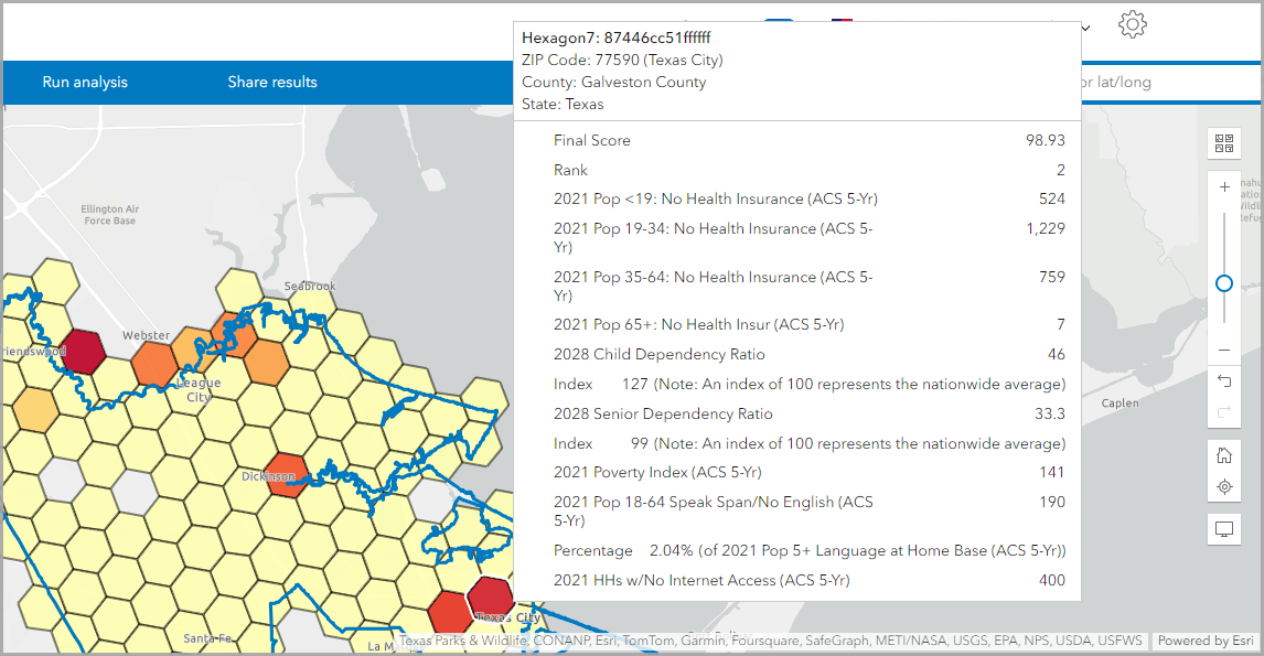 Suitability analysis site pop-up.