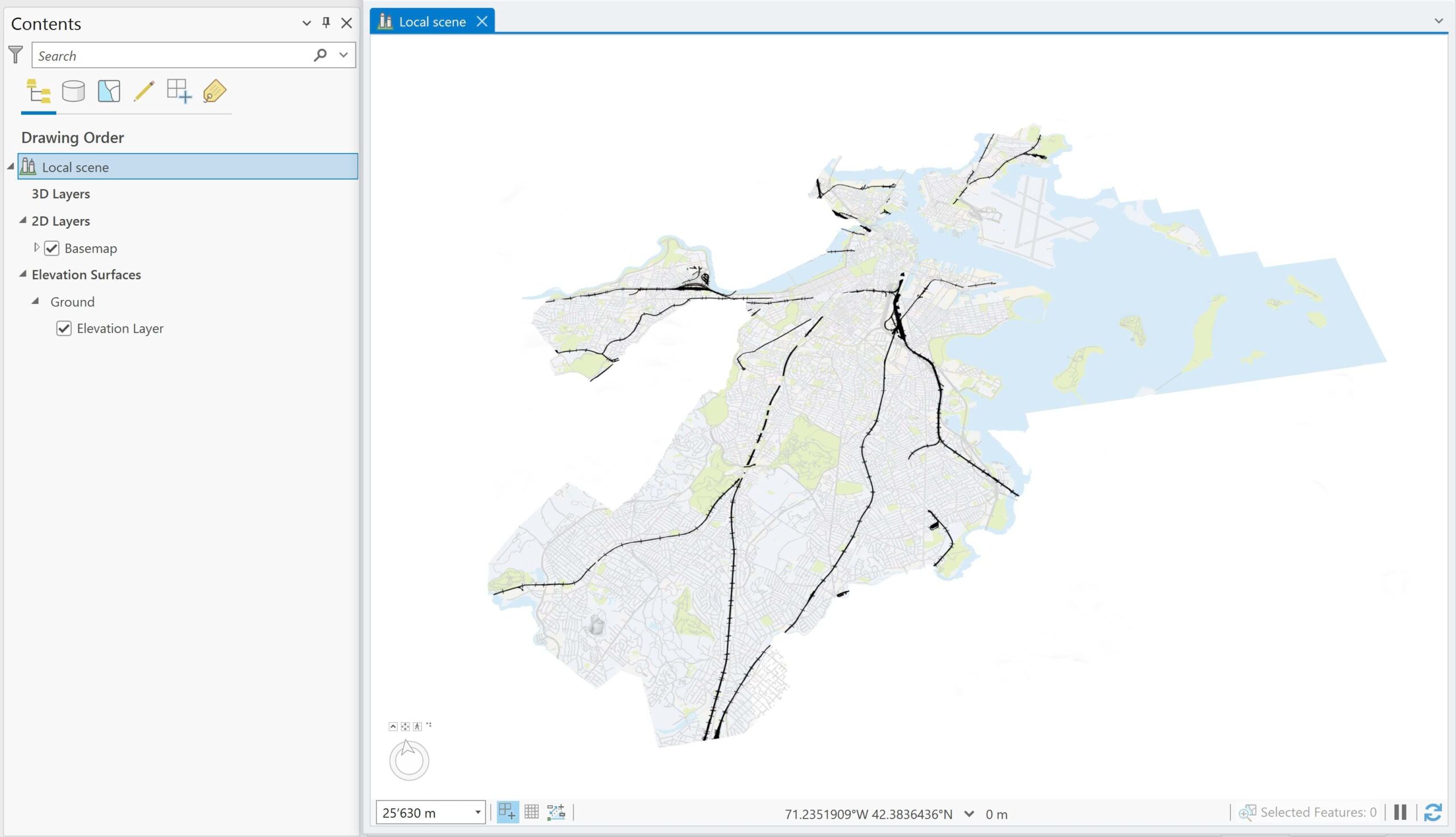 ArcGIS Pro local scene with basemap layers & elevation layer.