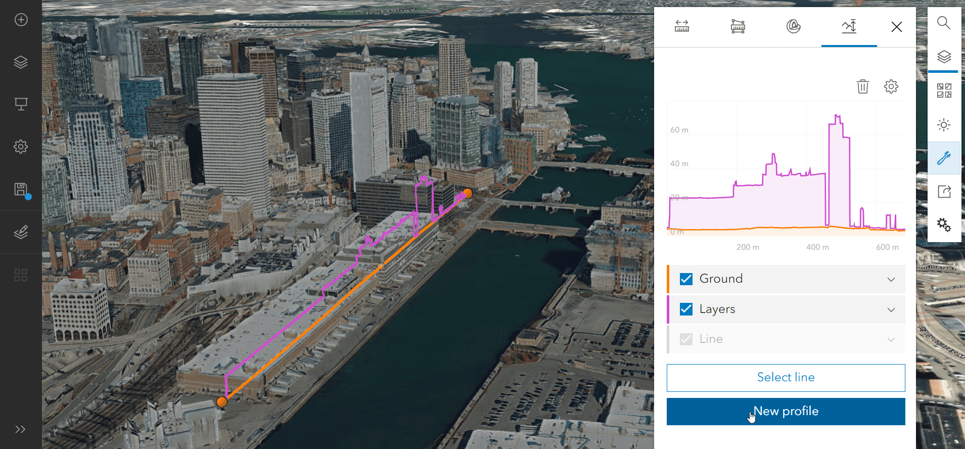 Use the elevation profile tool on a 3D tiles layer. Source: Bluesky International Ltd – processed with ArcGIS Reality by Esri.