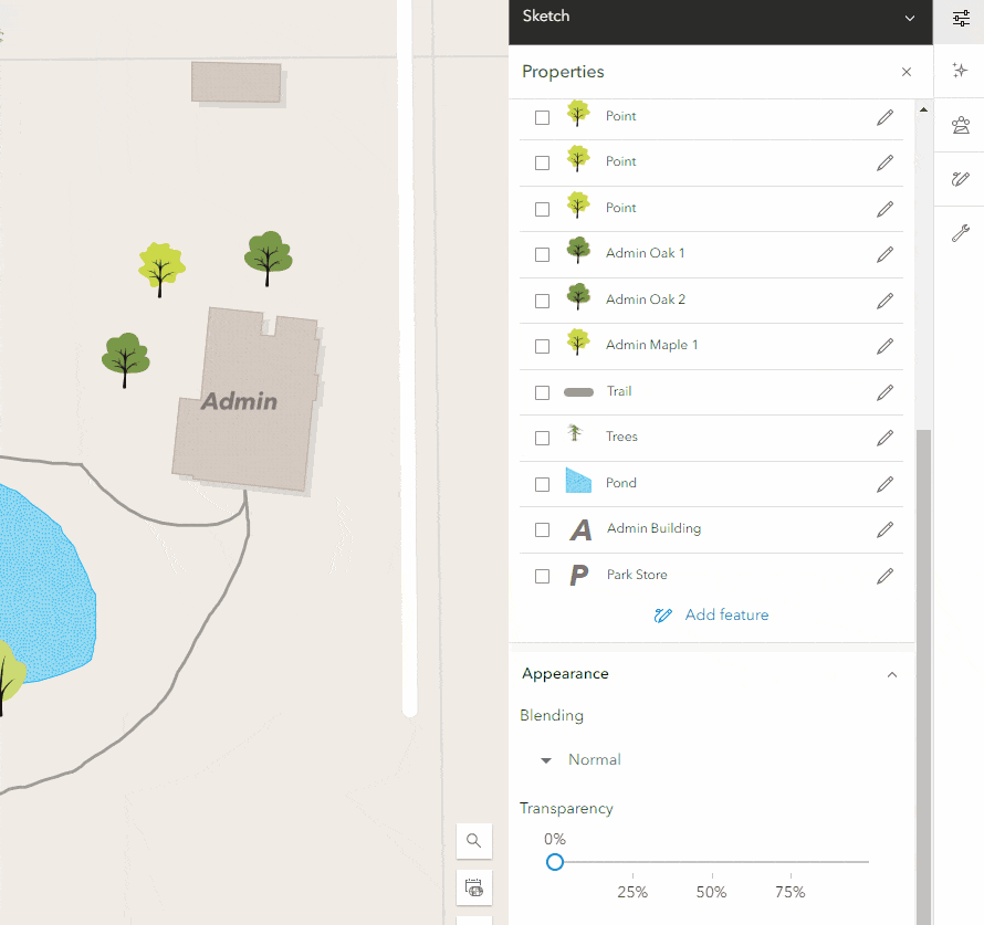 Animated gif illustrating how to select multiple sketch features from the properties pane in Map Viewer
