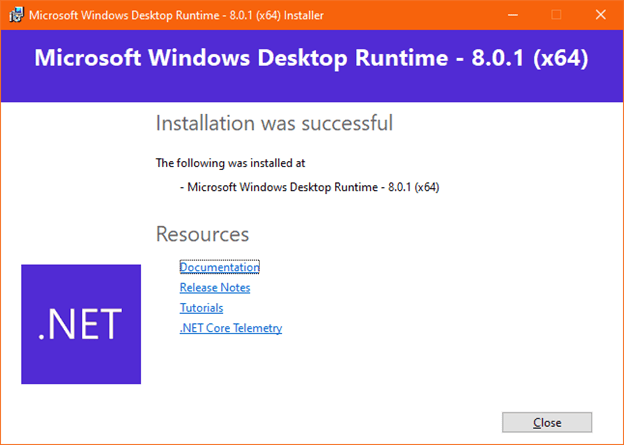 .NET Desktop Runtime 8.0.x (x64) installation was successful.