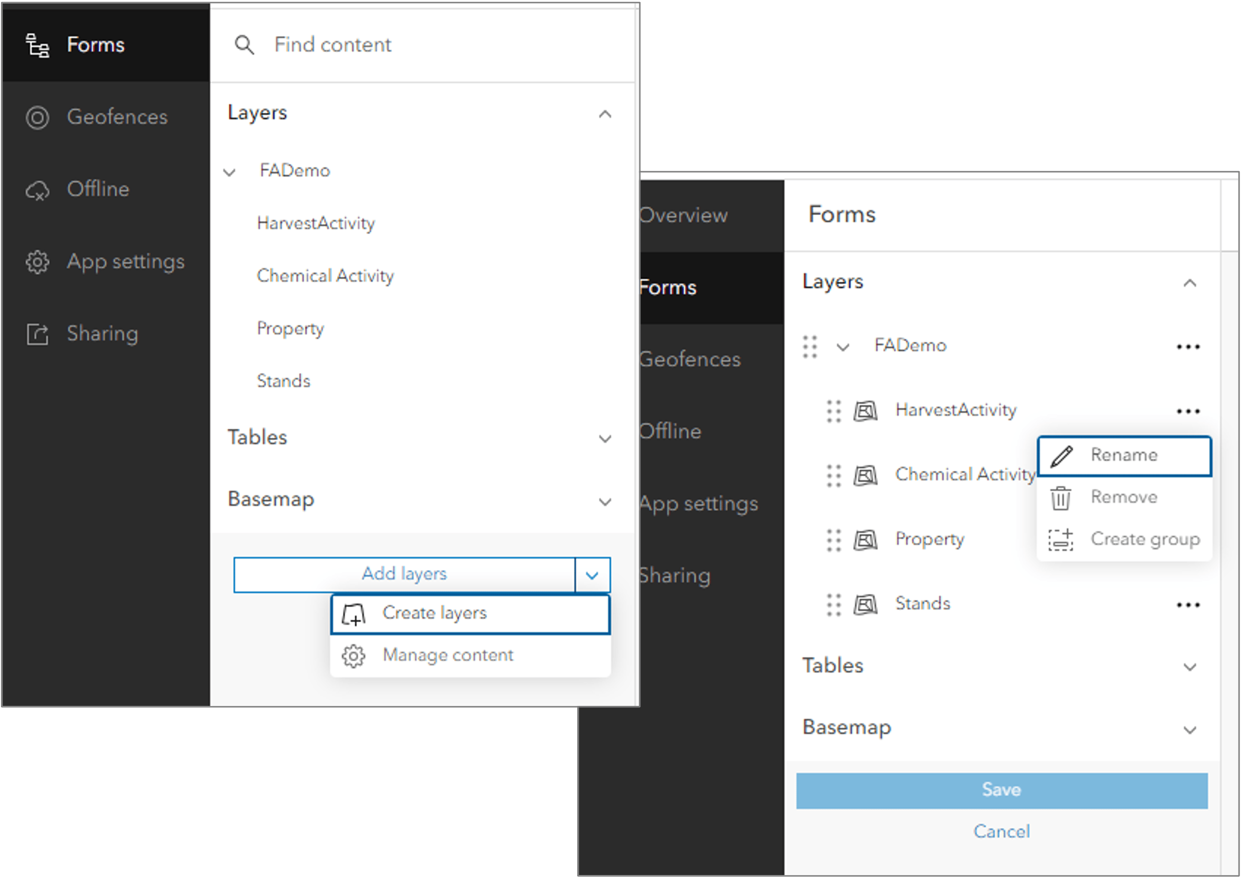 Re-order layers and tables, create and name group layers, and remove layers directly from the manage content experience.