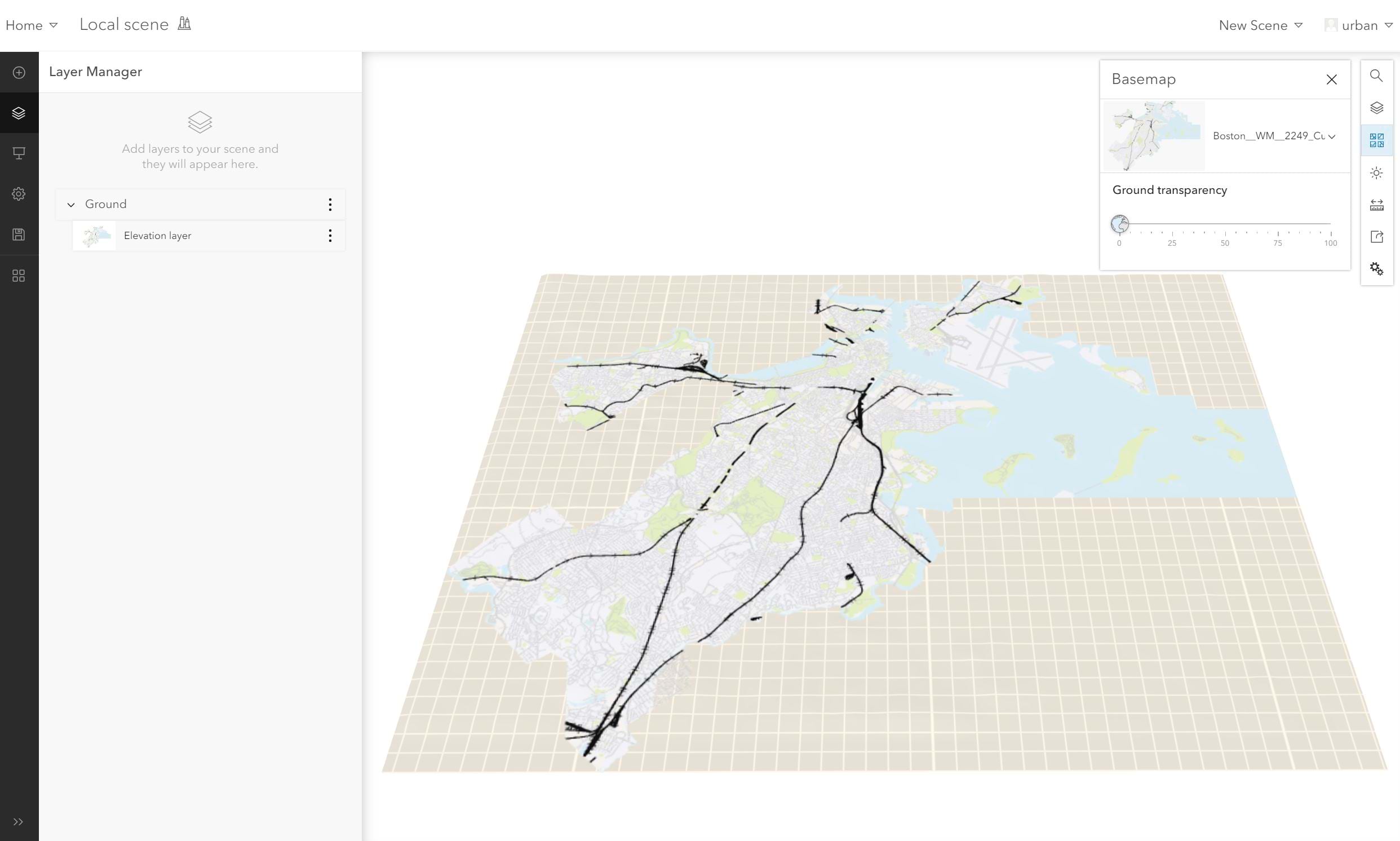 Basemap and elevation layer in the Scene Viewer.