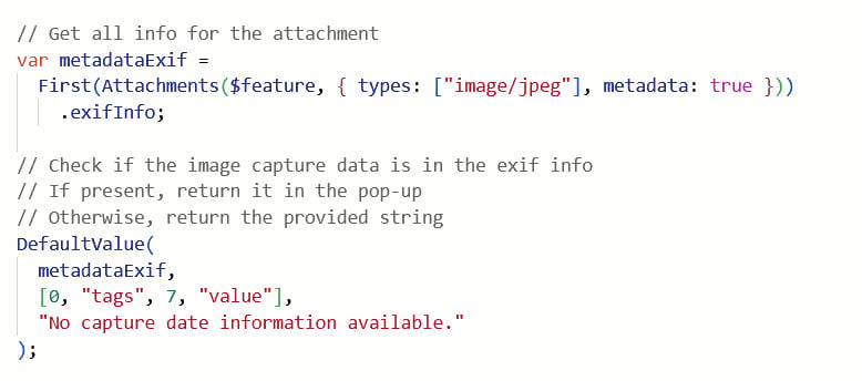 The DefaultValue() function in Arcade is used to interrogate a nested structure and return the value if present in the pop-up.