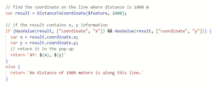 The location of a specified distance along a line is found using the DistanceToCoordinate Arcade function