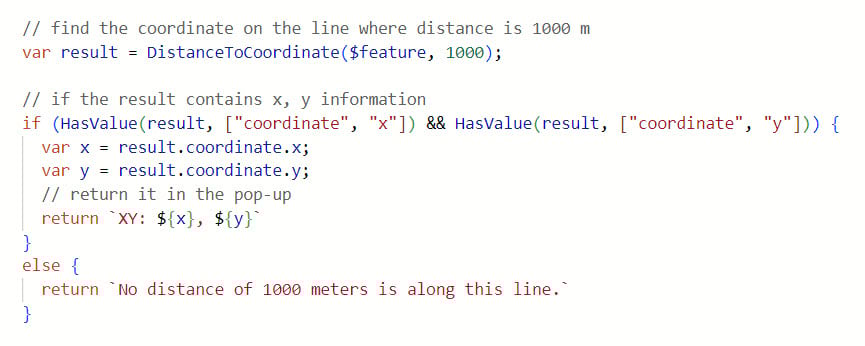 The location of a specified distance along a line is found using the DistanceToCoordinate Arcade function The location of a specified distance along a line is found using the DistanceToCoordinate Arcade function
