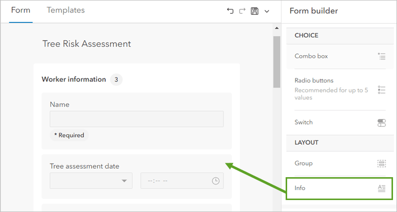 Drag an Info element onto the form canvas in Field Maps Designer