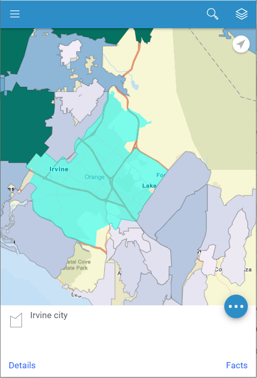 Irvine city polygon feature selected on web map