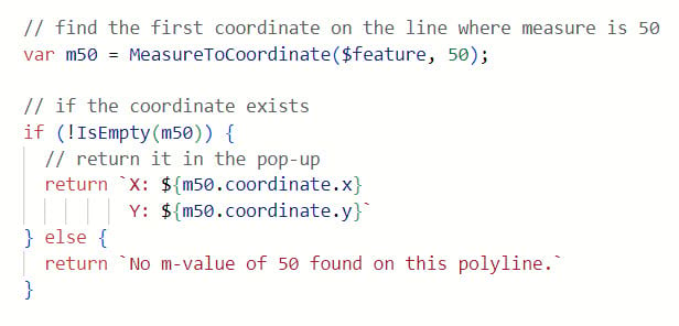 The MeasureToCoordinate() function is used to find determine a coordinate on the feature where the measure is equal to 50.