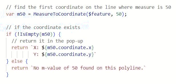 The MeasureToCoordinate() function is used to find determine a coordinate on the feature where the measure is equal to 50. The MeasureToCoordinate() function is used to find determine a coordinate on the feature where the measure is equal to 50.