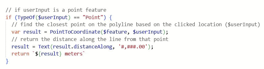 The relative distance along a line feature is returned in the pop-up depending on where the line feature is clicked