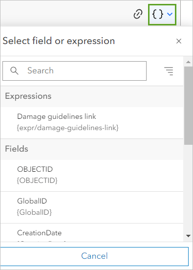 Select field or expression drop-down menu