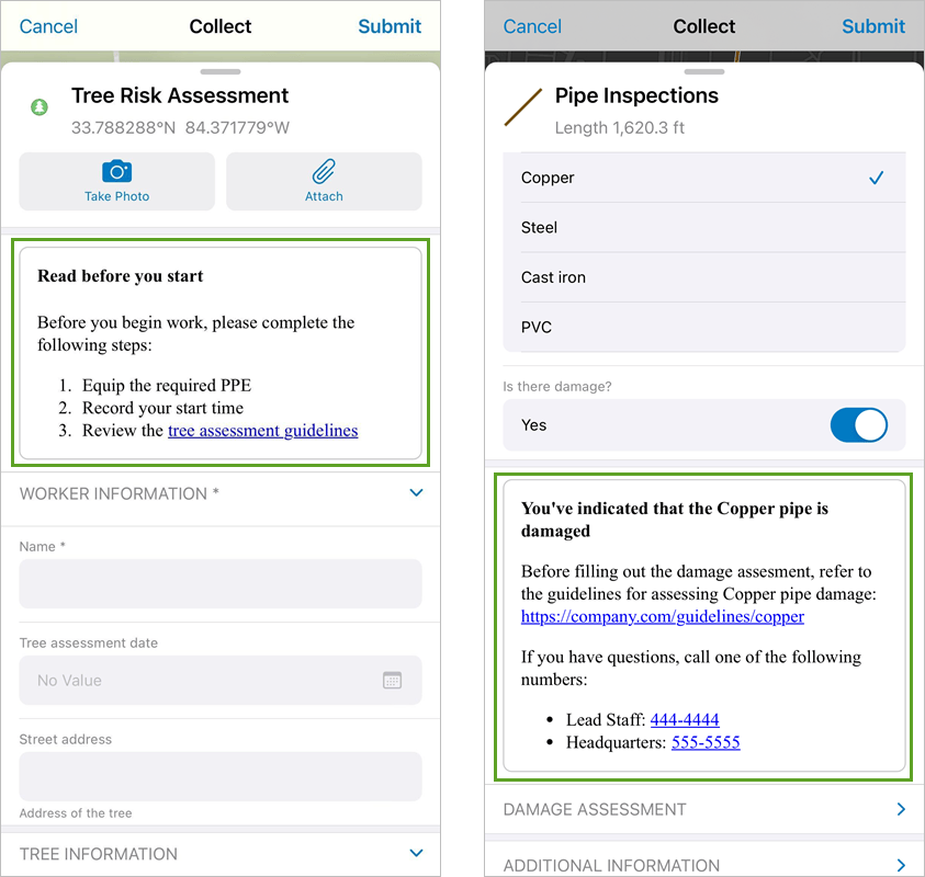 Two examples of info elements in the Field Maps mobile app