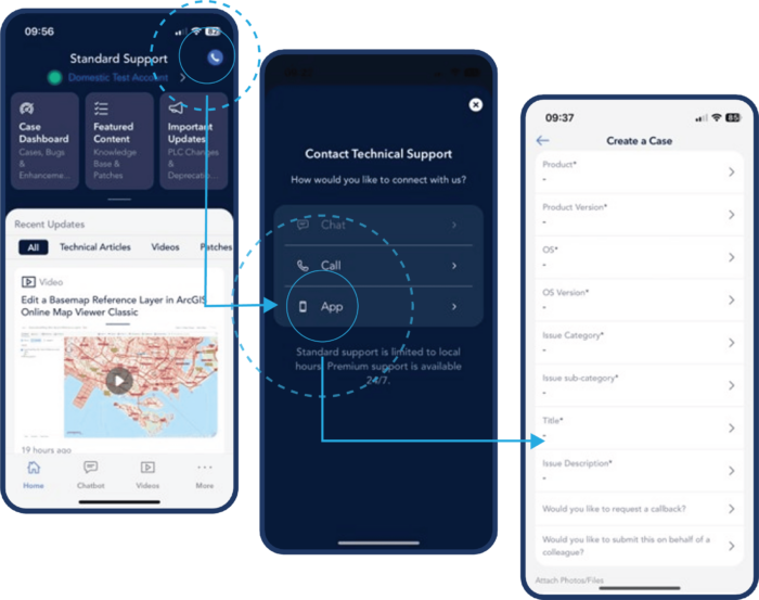 Three screens from the Esri Support app which illustrate the workflow to submit a case through the app.