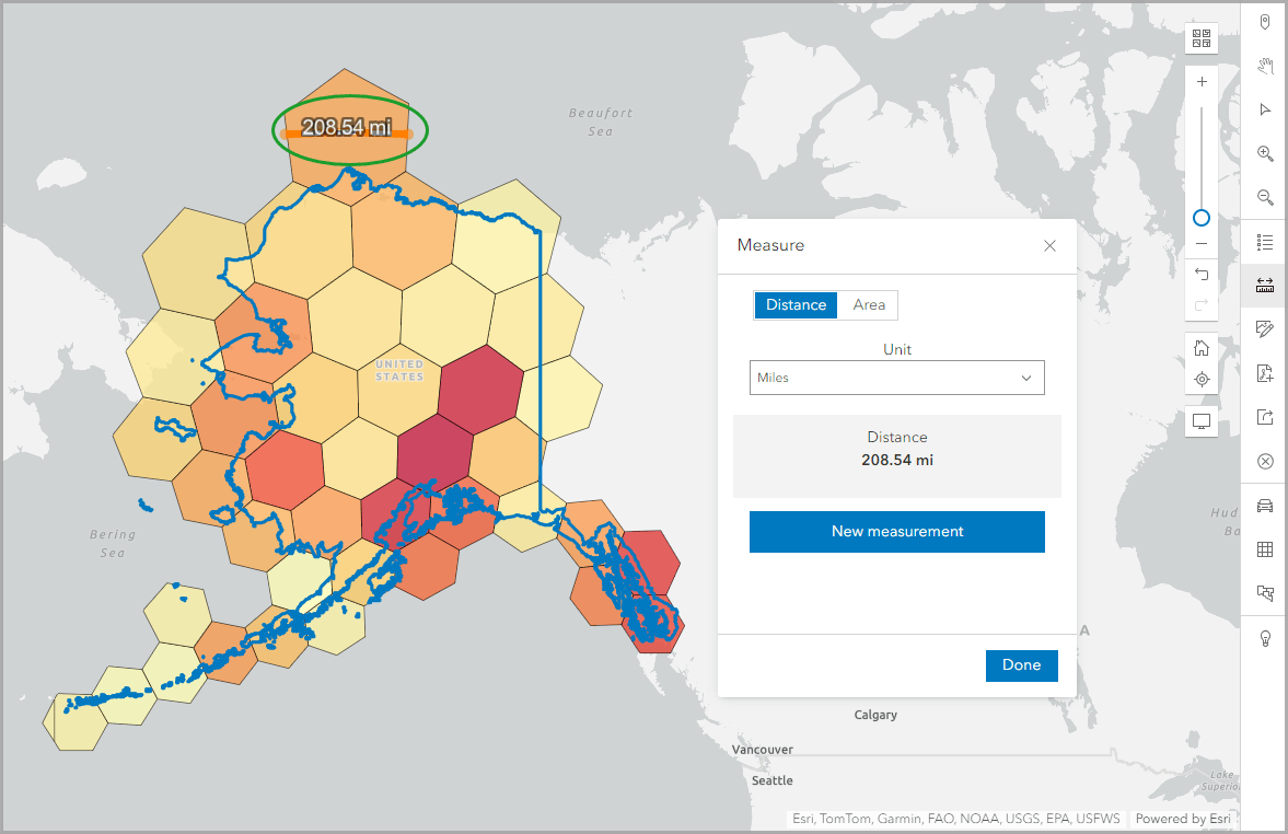 Measure the distance of the northernmost hexagon in Alaska