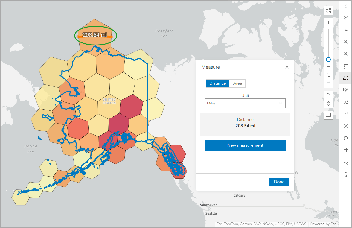 Measure the distance of the northernmost hexagon in Alaska Measure the distance of the northernmost hexagon in Alaska