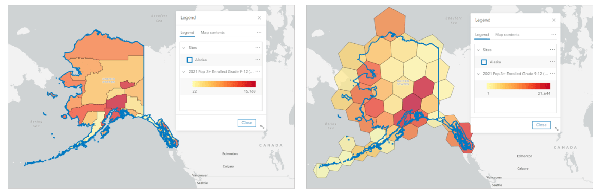 Alaska mapped using counties and hexagons Alaska mapped using counties and hexagons
