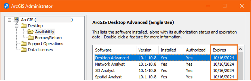 ArcGIS Administrator lists installed software along with its authorization status and expiration date.
