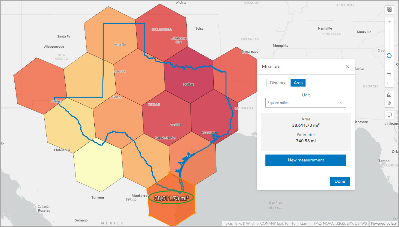 Measure the area of the southernmost hexagon in Texas