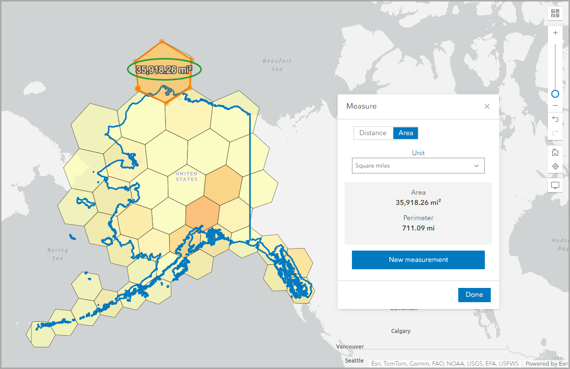 Measure the area of the northernmost hexagon in Alaska