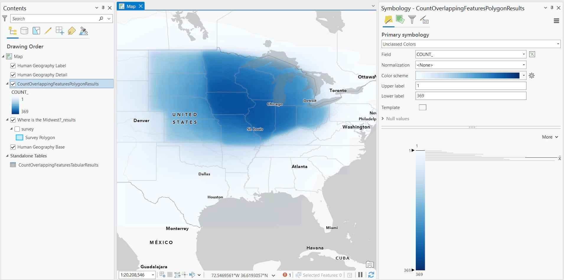 The symbology pane is open, showing the high-to-low color ramp set with a max of 369. Now the blue on the map is much darker in some areas than it is in others. Darkest states on the map are Iowa and Illinois. The Dakotas, Nebraska, and Kansas are much lighter.