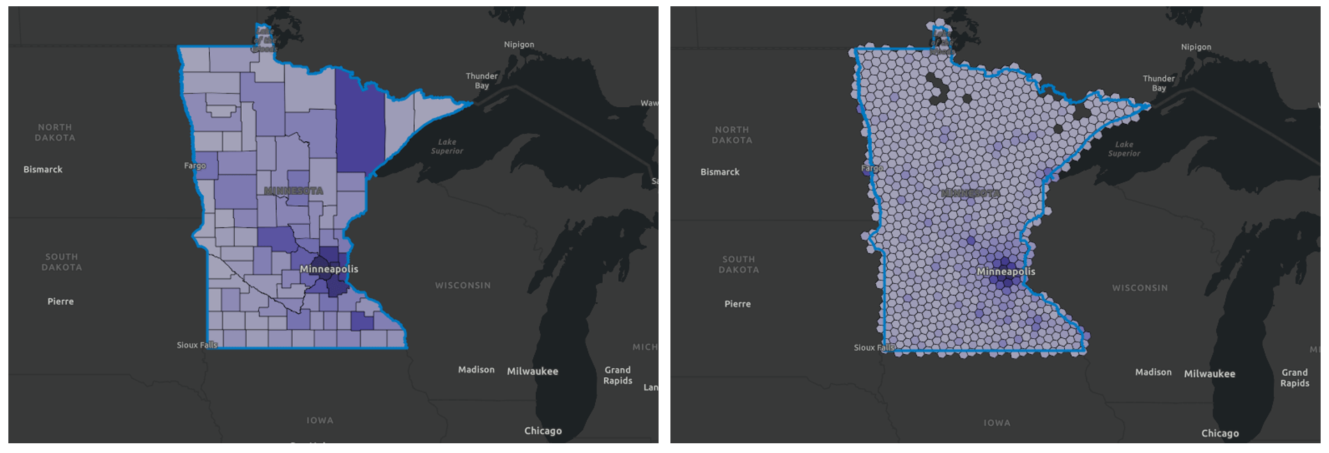 Minnesota mapped with counties and with hexagons