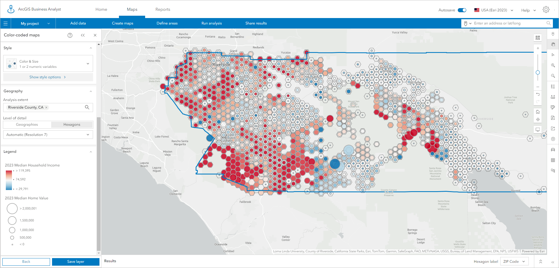 Color and size map of Riverside County